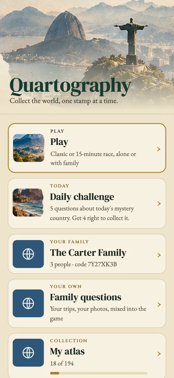 Home screen with Play, Daily challenge, Your family, Family questions and My atlas.