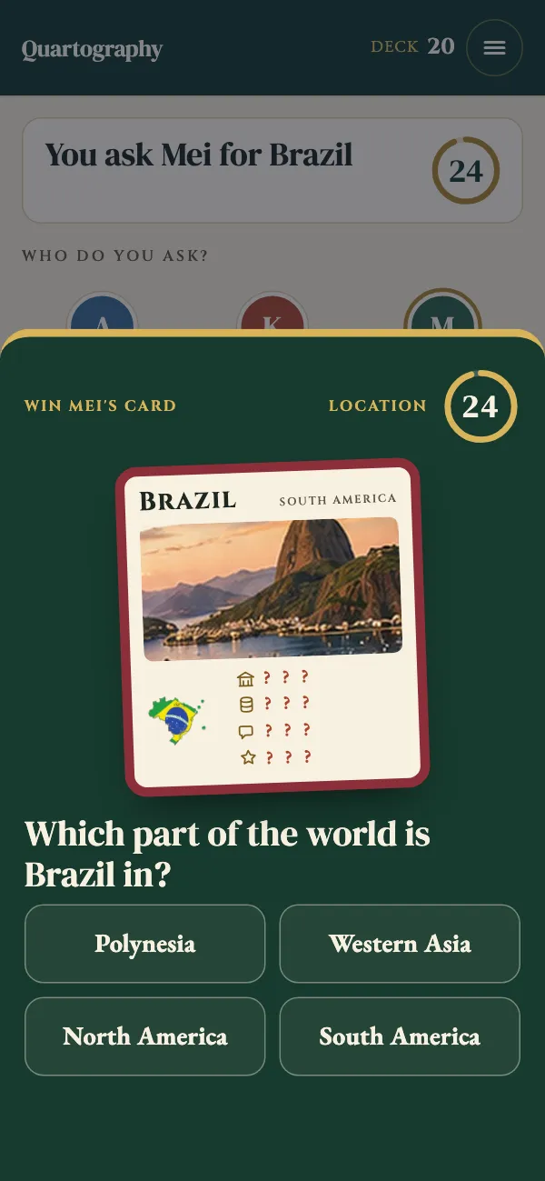 A quiz to win Brazil: Which part of the world is Brazil in? Four options and a countdown.