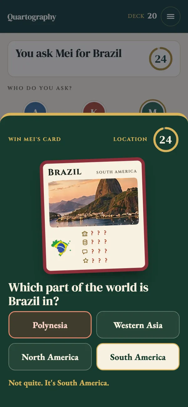 After answering: a wrong pick is marked and the right answer, South America, is highlighted.