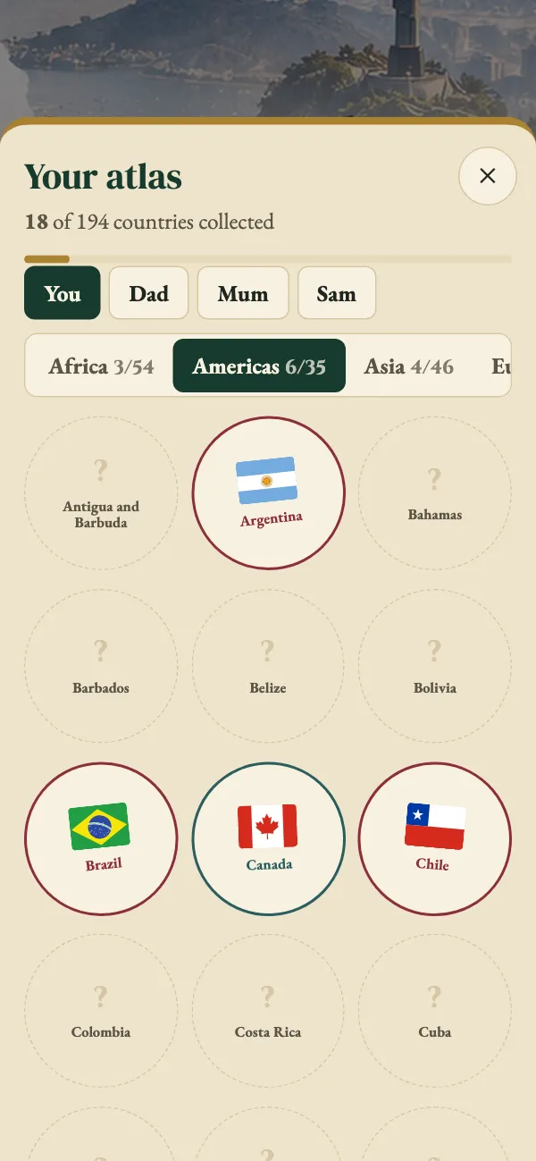 Your atlas with tabs for You, Dad, Mum and Sam, and collected countries.