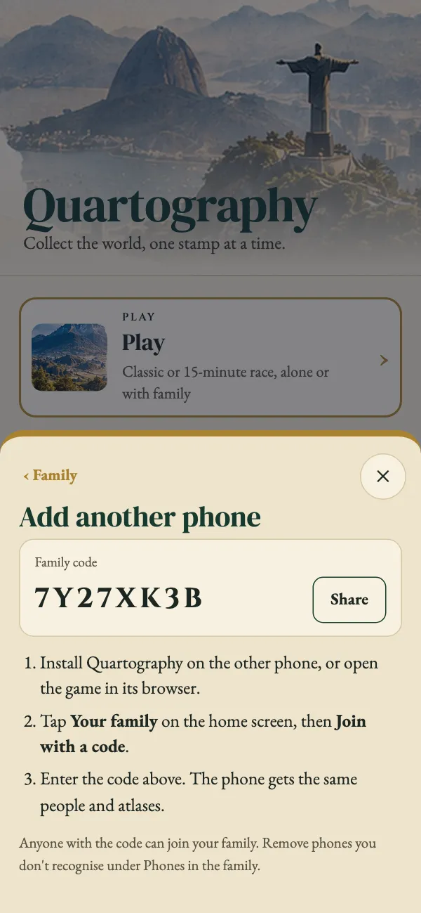 Add another phone: the family code and how to join with it.