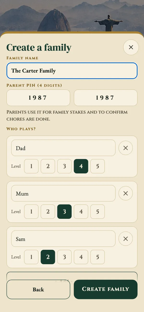 Create a family: family name The Carter Family, a parent PIN, and the people who play, each with a level from 1 to 5.