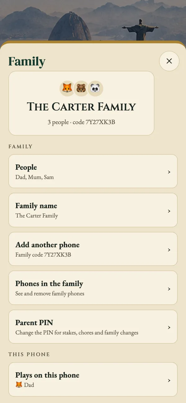 Family page: The Carter Family, people, family name, add another phone, phones and parent PIN.