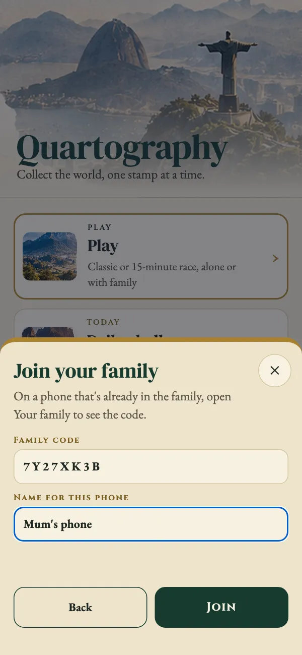 Join your family: enter the 8-letter family code and a name for this phone.