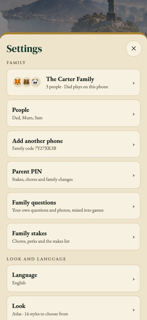 Settings with the family at the top: people, add another phone, parent PIN, family questions and stakes.