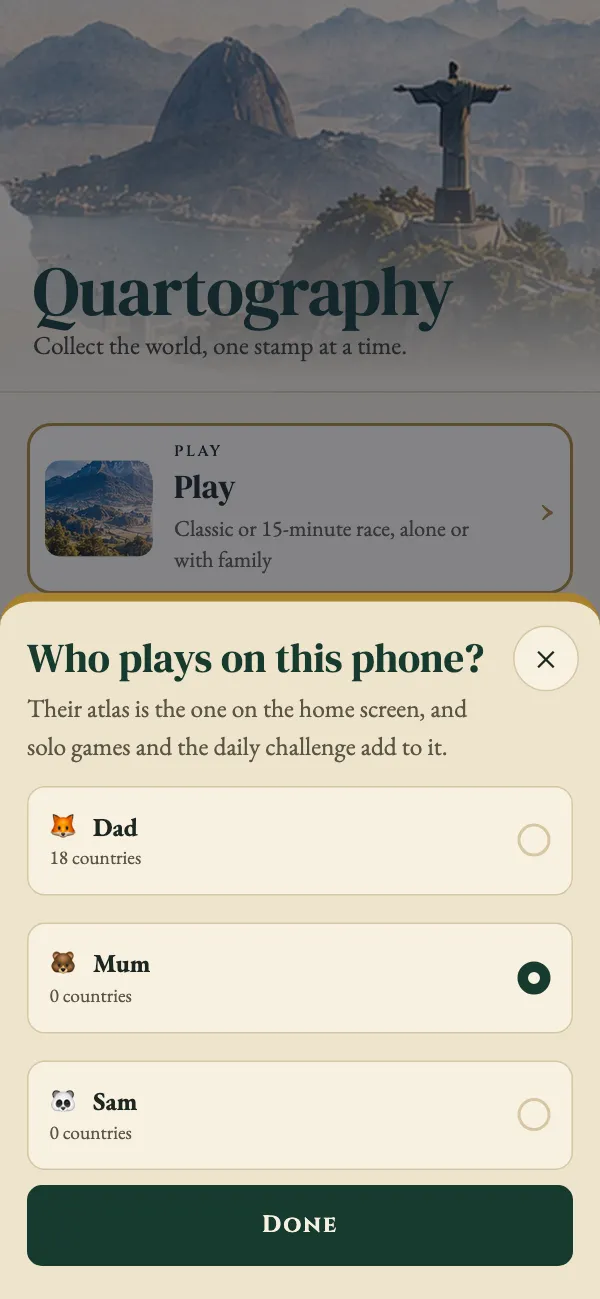 Who plays on this phone? Dad, Mum or Sam, with Mum chosen.